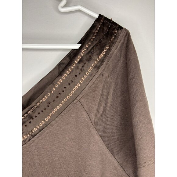 VENEZIA NEW Embellished Short Slv Tee Womens 14/16 Brown Sequins V-Neck - Picture 5 of 5